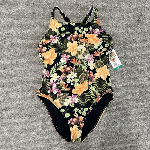 Hurley Women's One-Piece UPF 50+ Stretch Swimsuit, Orange Waikiki Wonder, XL - Picture 1 of 4